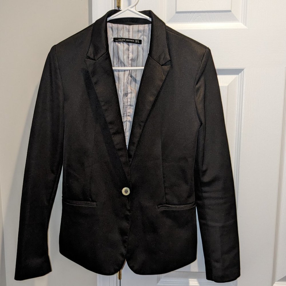 Zara Woman Single Button Blazer Shiny Black Lined Suit Jacket Size S